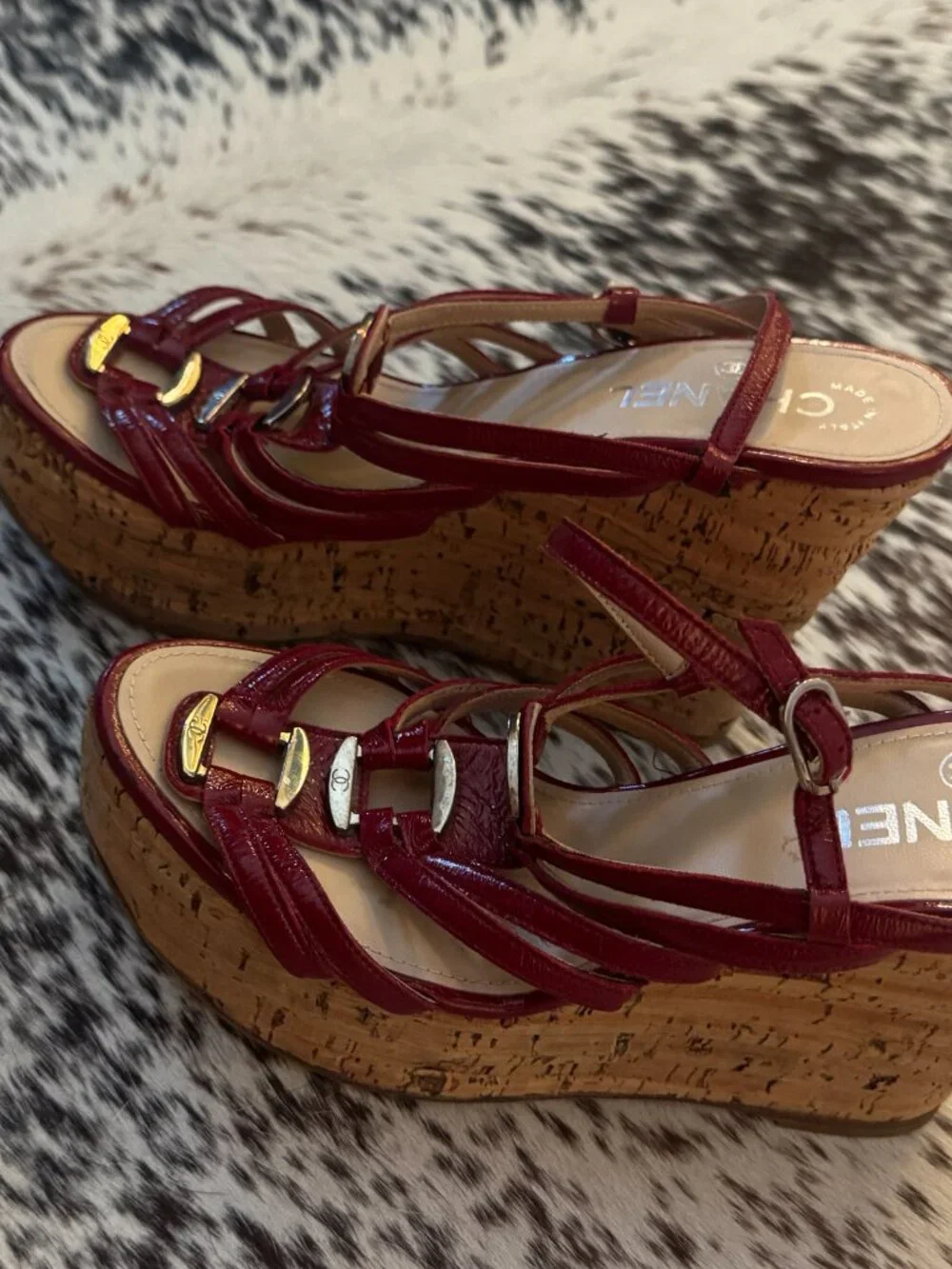 Chanel Red Patent Leather Cork Platform Wedge Gladiator Sandals 37